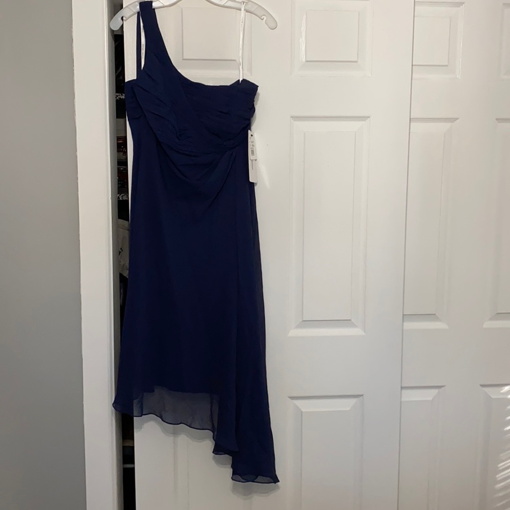 One shoulder dark blue asymmetrical cocktail dress